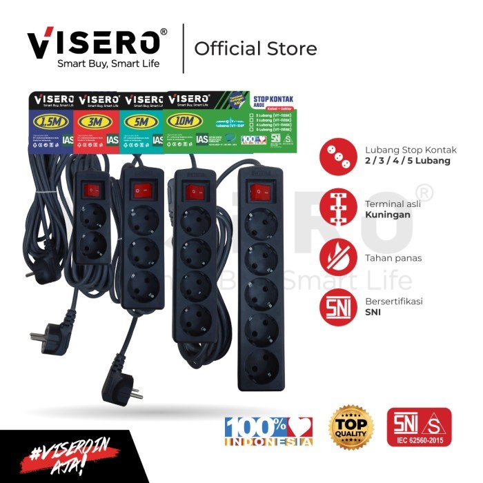 Stop Kontak Arde 5 Lubang 1,5M, 3M, 5M, 10 Meter + Kabel Colokan Visero - HITAM (VT-115SK) - Gambar 2
