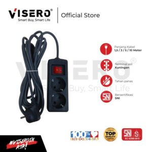 Stop Kontak Arde 2 Lubang 1,5M, 3M, 5M, 10 Meter + Kabel Colokan Visero - HITAM (VT-112SK)