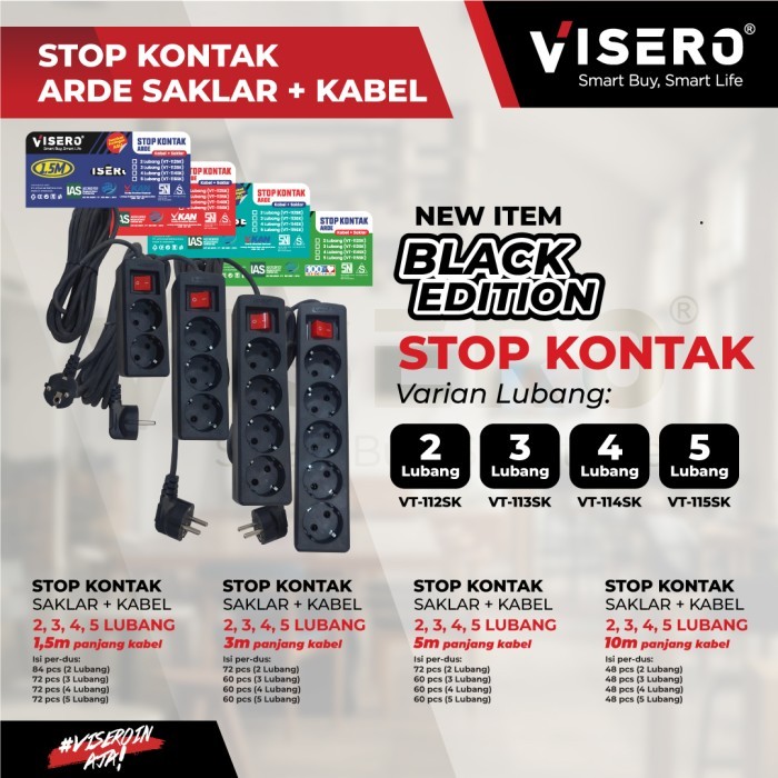 Stop Kontak Arde 4 Lubang 1,5M, 3M, 5M, 10 Meter + Kabel Colokan Visero - HITAM (VT-114SK) - Gambar 3